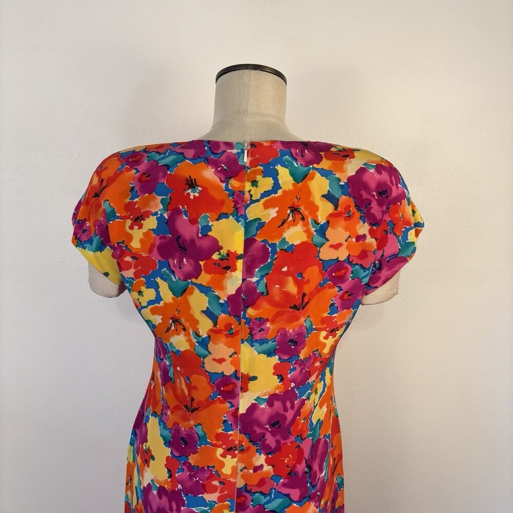VTG 80s 90s Saks Fifth Avenue Womens 6 Silk Bright Abstract Floral Sheath Dress - Picture 5 of 9